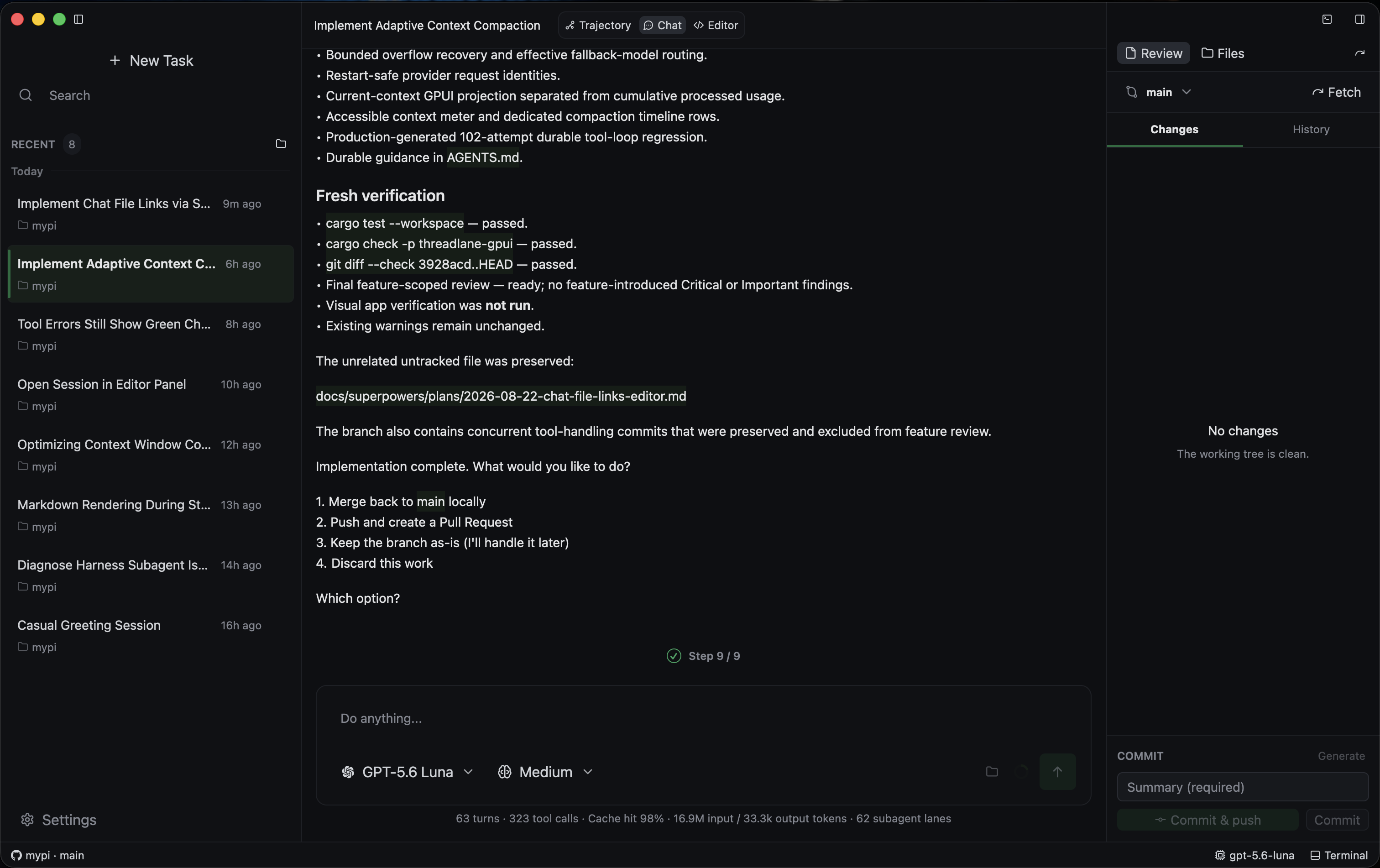 Threadlane desktop workspace with project sessions, conversation, tool output, and code review